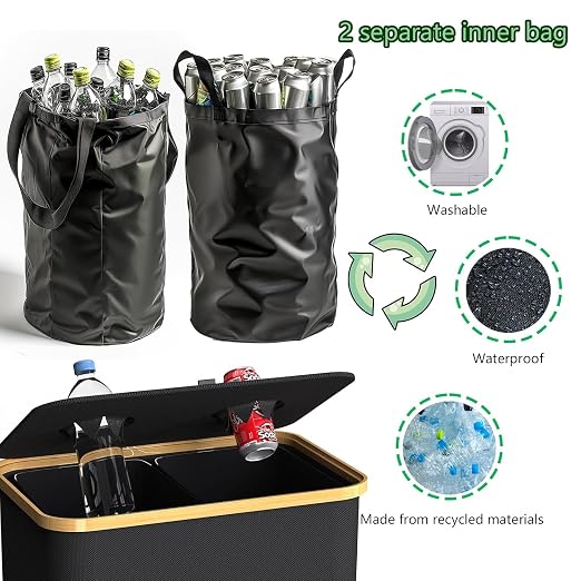 Recycling Bin Kitchen Indoor Home 40 Gallon 156L Recycle Bin with Lid 2 Removeable Reusable Inner Bag Bottle Can Glass Waste Plastice,Big Black - Image 4