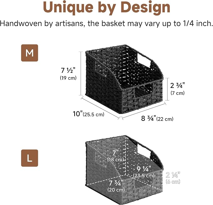 StorageWorks Pantry Organizers and Storage, Wicker Baskets with Handles, Pantry Baskets for Shelves, Paper Rope, Black， 2 Pack - Image 2