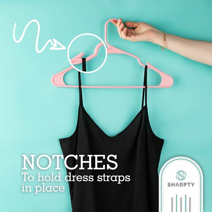 Sharpty Plastic Hangers Clothes Hangers for Clothing, Closet, Coats & Shirts - Notched, Durable, Space Saving - for Everyday Standard Use, Room Essentials & Basics - 50 Pack - Pink - Image 3