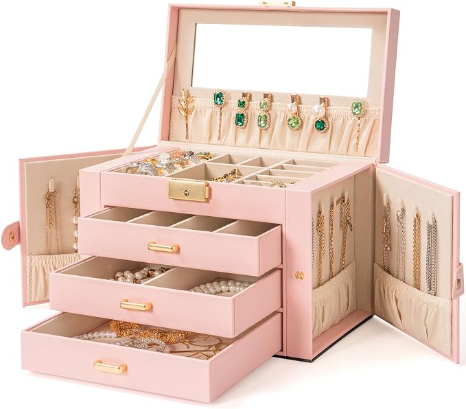 AKOZLIN Large 4-Tier Jewelry Box Leather Jewelry Storage Organizer with 3 Drawers Lockable for Women Girls Ring Necklace Earring Bracelet Watches Holder with Mirror Pink - Image 8