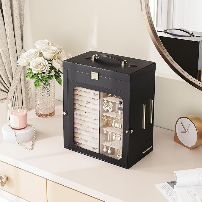 HOOBRO Jewelry Box with Mirror, Travel Jewelry Organizer with Glass Window, Jewelry Storage Case, Vertical Storage, Gift for Loved Ones, for Earrings, Rings, Necklaces, Bracelets, Black BK03JB04G2 - Image 3