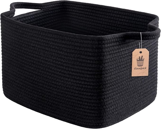 Goodpick Woven Storage Baskets for Organizing, Cotton Rope Organizer for Living Room Bedroom, Black Laundry Basket with Handles, Stylish Gift Baskets for Baby Boys, 13"x10"x9" by Goodpick