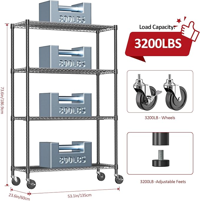 IZEUK Garage Shelving Wide Storage Shelves 4 Tier Metal Shelves 3200 LBS Heavy Duty Adjustable Utility Shelf Rack Black 23.6" D x 53.1" W x 73.6" H - Image 8