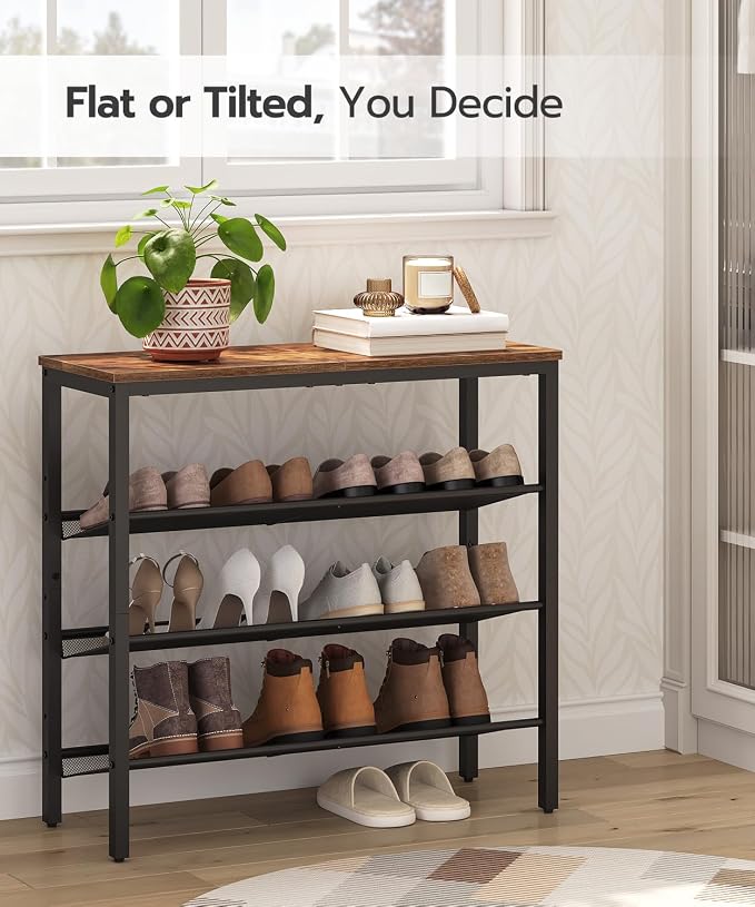 HOOBRO Shoe Rack for Entryway, 4-Tier Shoe Organizer with Adjustable Mesh Shelves, 12-16 Pairs of Shoes, Spacious Floor Mount, Metal, Industrial, Shoe Shelf for Closet, Rustic Brown BF42XJ01 - Image 4