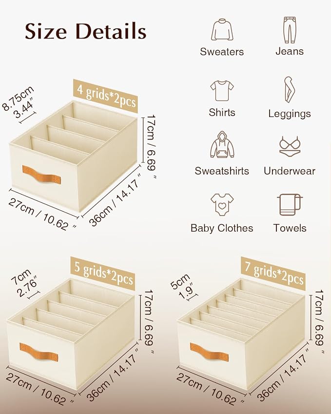 Homsorout Clothes Organizers and Storage - 4/5/7 Grids Fabric Jeans Organizer with Handles, Foldable Closet Organizers Dividers, Wardrobe organizer for Pant, Sweater, T-shirt, Scarf, 6 Pack, Beige - Image 7