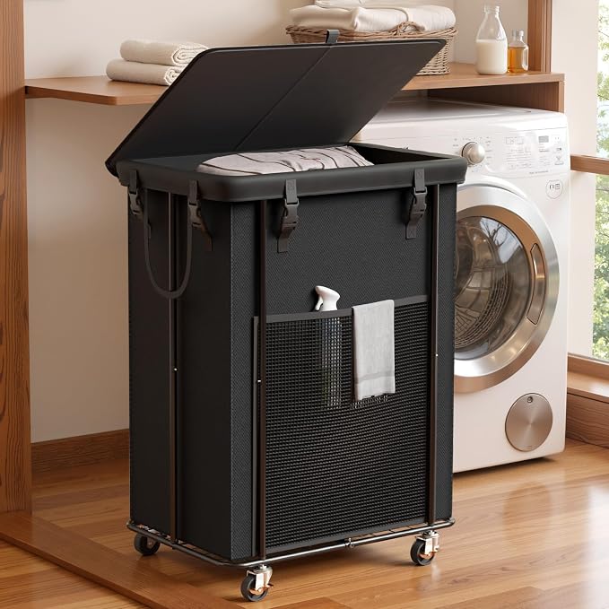 220L Laundry Hamper with Lid, Rolling Laundry Basket with Wheels, Large & Tall Dirty Clothes Hamper with Metal Frame and Removable Bag for Bedroom Aesthetic, Laundry Room, Bathroom, Dorm by OLLDIDE