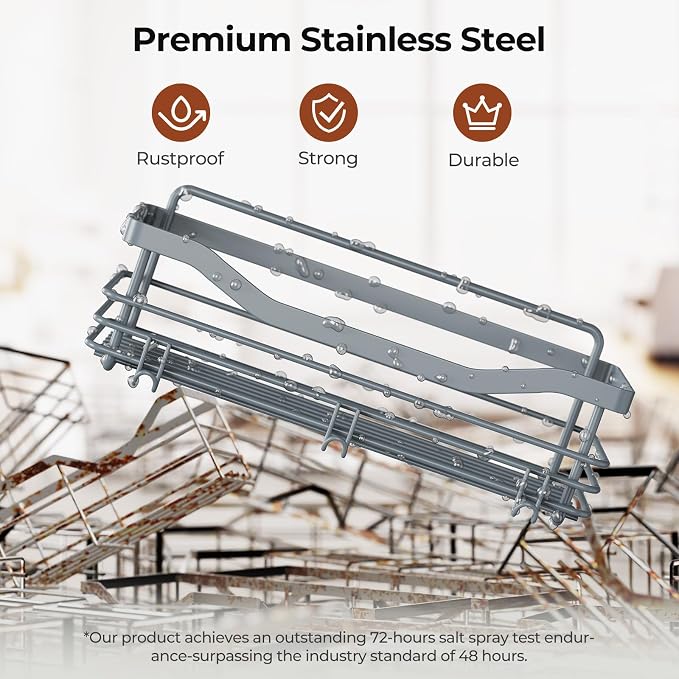 Orimade Shower Caddy Basket Shelf Storage Rack, No Drilling Wall Mounted Adhesive Rust Resistant Stainless Steel Shower Organizer with 5 Hooks for Bathroom, Light Blue Grey 2 Pack - Image 7
