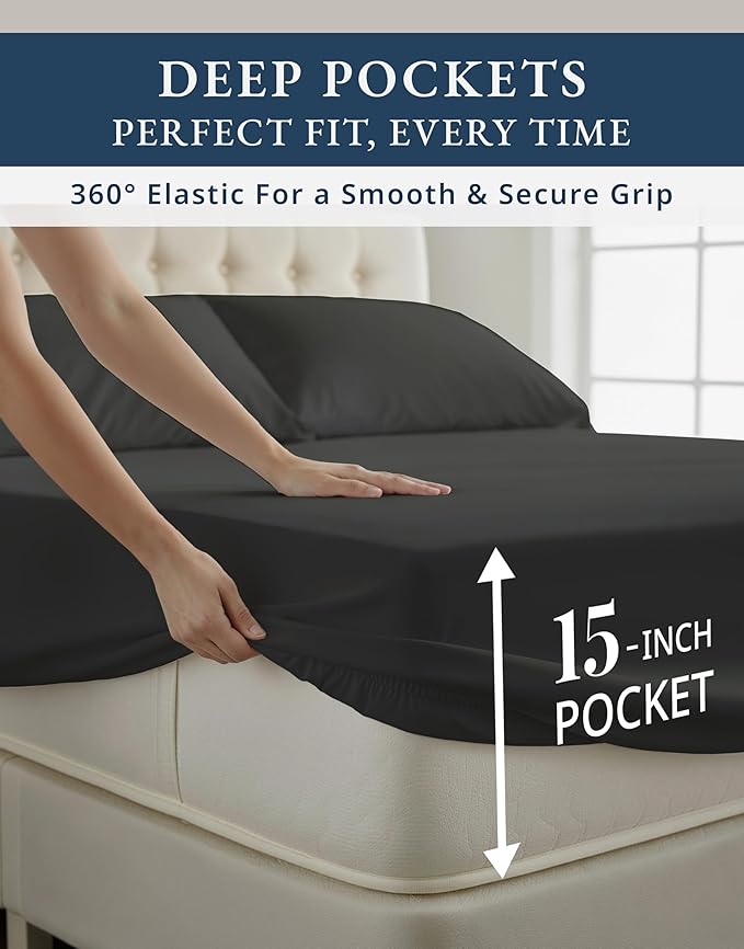 100% Egyptian Cotton Bed Sheets King Size – Silky Sateen Weave for Warm Winter Comfort, 15" Deep Pocket King Sheets, Naturally Breathable, Ultra-Soft Durable Hotel-Quality Luxury Bedding - Black