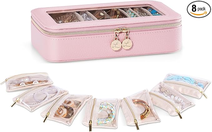 Lolalet 8 in 1 Travel Jewelry Case with Velvet Pouches, Clear Window Travel Jewelry Organizer Bags for Earrings, Bracelets, Necklaces and Rings, Compact Jewelry Storage for Women Girls -Pink, 7PCS by Lolalet