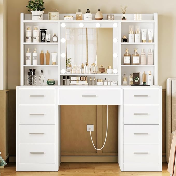 FIONESO Vanity Desk with Mirror and Lights, Power Outlet, Makeup Vanity with 9 Drawers & 6 Open Storage Shelves, 3 Lighting Modes Brightness Adjustable, White
