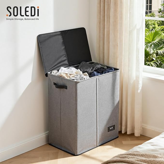 SOLEDI Double Laundry Basket with Lid and Removable bag, Large Laundry Hamper 2 Section with handles, Collapsible Dirty Clothes Hampers for Laundry, Bedroom, Dorm, College - Image 8