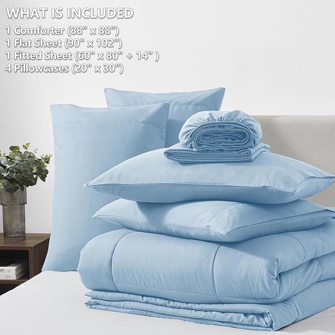 CozyLux Queen Comforter Set Baby Blue, 7 Pieces Bed in a Bag, Blue Comforters Queen Size, All Season Bedding Sets with Stitch Quilted Comforter, Flat Sheet, Fitted Sheet, Pillowcases