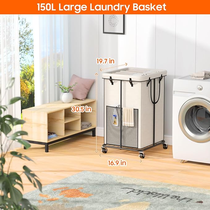 150L Laundry Hamper with Wheels, Rolling Laundry Basket with Metal Frame and Removable Bag, Large & Tall Dirty Clothes Hampers for Bedroom Aesthetic, Laundry Room, Bathroom, Dorm-White - Image 2