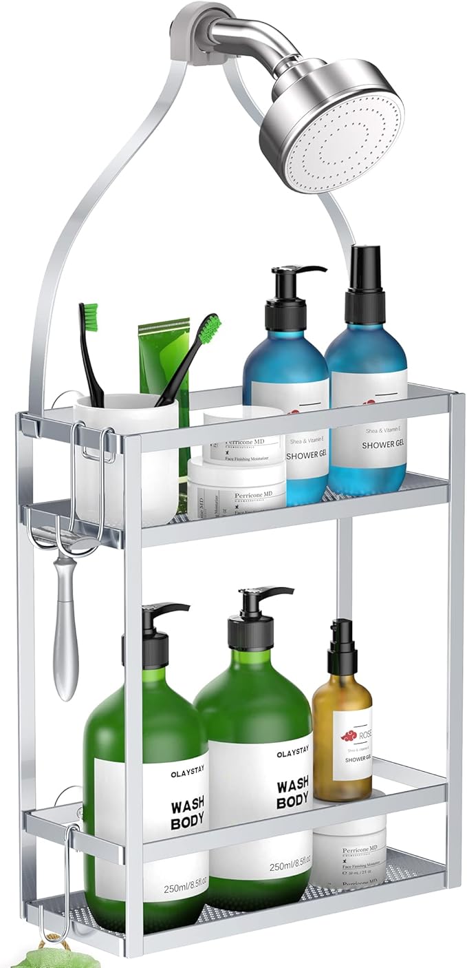 Meangood Shower Caddy, Silver Hanging Shower Caddy Organizer 10.4" x 4.5" x 22.04" Over Shower Head Big Capacity for Shampoo, Conditioner with Hooks for Razor/Sponge by Meangood
