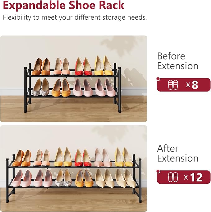 Tajsoon Expandable Shoe Rack for Closet 2 Tier, 28“-41“ Adjustable & Stackable Shoe Shelf Storage, Metal Shoe Rack Organizer for Front Door Entrance, Closet, Garage, Entryway, Black - Image 8