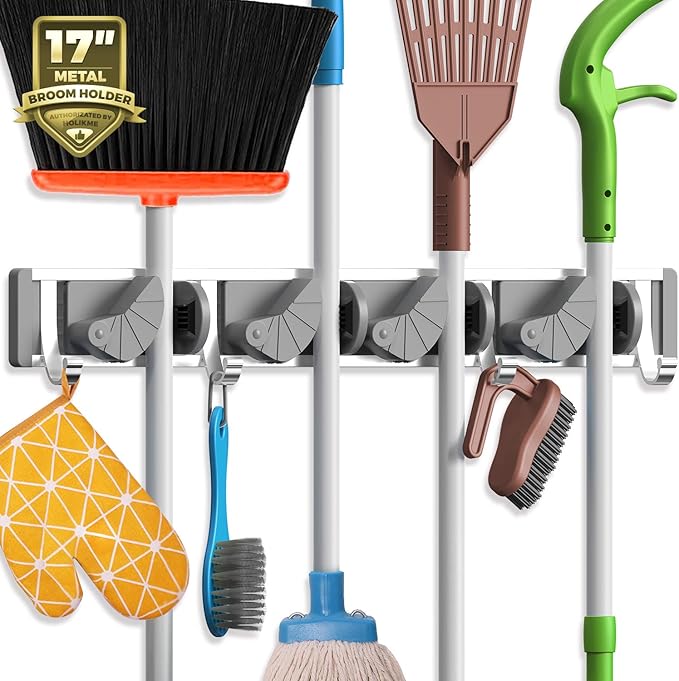 Holikme Mop Broom Holder Wall Mount Metal Pantry Organization and Storage Garden Kitchen Tool Organizer Wall Hanger for Home Goods (4 Positions with 4 Hooks, Silver) by Holikme
