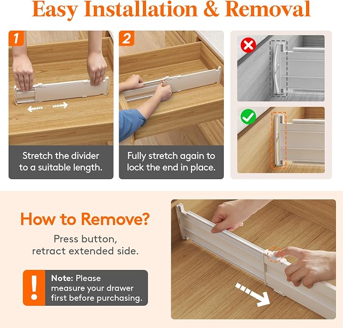 Lifewit 4" Tall 9 Pack Drawer Dividers, 35-56.5cm/13.8-22.2" Expandable Drawer Divider for Clothes, Adjustable Dresser Drawer Organizers, Drawers Separators for Dresser/Bathroom/Closet/Kitchen White - Image 4