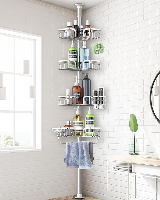 Corner Shower Caddy Tension Pole 4 Tier Adjustable Stainless Steel Shower Shelf for Inside Shower Bathtub Shampoo,Standing Bathroom Organizer Shelves with 39 to 113 inch Height by Clothink