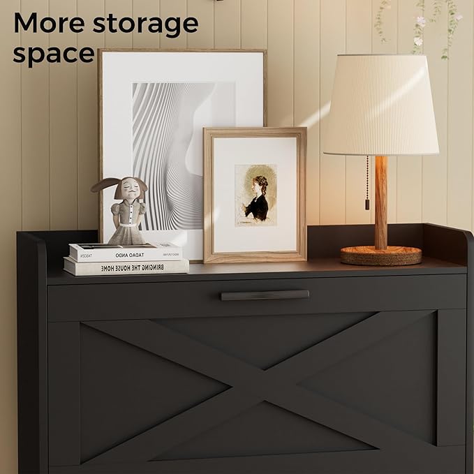 Homleke 32" W Farmhouse Shoe Storage Cabinet with 2 Flip Drawers and Barn Door Design, Adjustable Shelves, Modern Hidden Slim Narrow Shoe Rack Cabinet for Entryway, Foyer, Hallway, Living Room, Black - Image 7