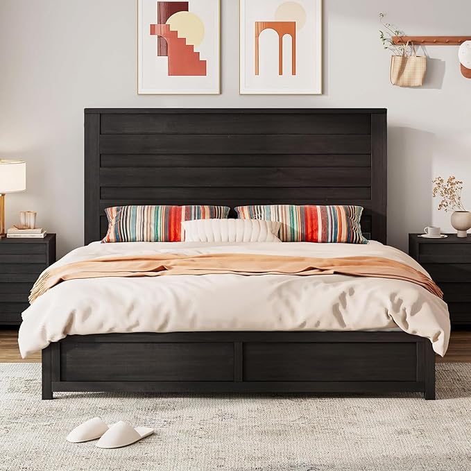 LUXOAK 3 Pcs Bedroom Furniture Sets - Includes Farmhouse Full Size Bed Frame with 49" Tall Headboard and Nightstand Sets of 2 with Charging Station, Slated Handles & Stainless Steel Feet, Black