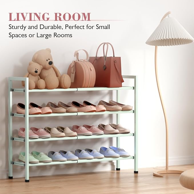 Bumusty 4-Tier Expandable Shoe Rack for Closet, 18“-33” Adjustable Shoe Rack for Small Space, Small Shoe Organizer for Front Door, Sturdy Metal, Green - Image 5