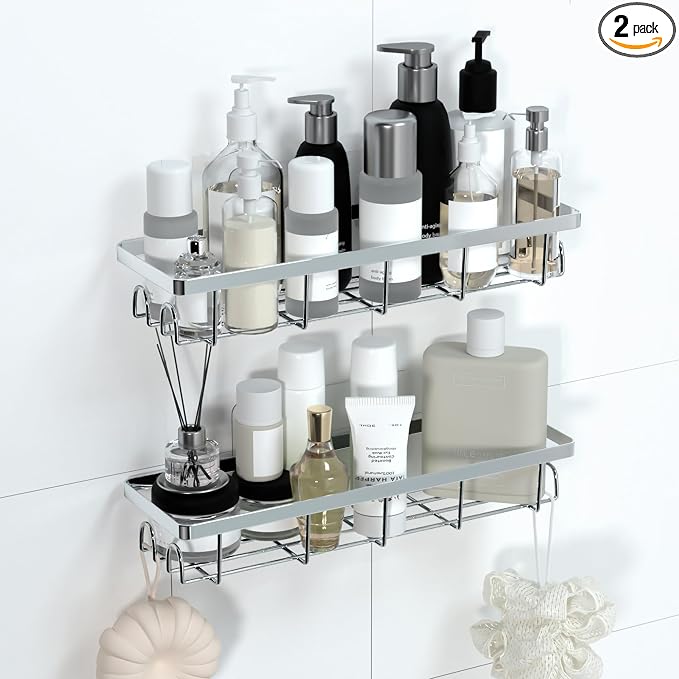 Shower Caddy Organizer with Hooks,Self Adhesive Bathroom Shelves,No Drilling Bathroom Organizers and Storage,Perfect for RV, Apartment, Home Decor,2 Pack Silvery by Unknown
