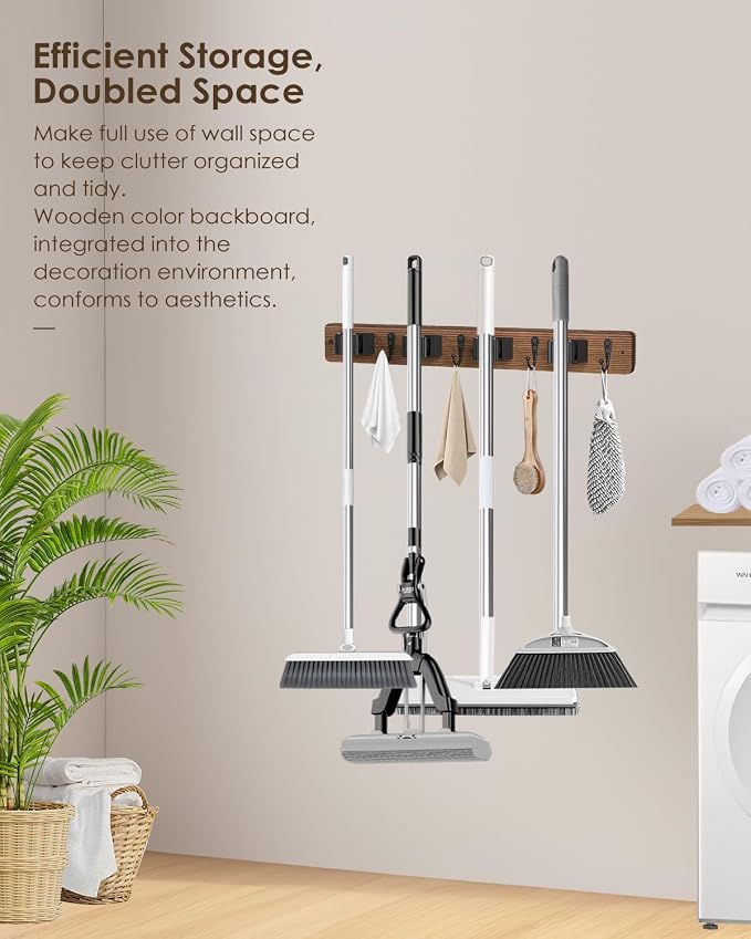 Broom Holder Wall Mounted, 4 Holders and 4 Hooks Mop Holder, Wooden Mop and Broom Holder with Anti slip rubber, Natural pine wood Brush Holder, Mop Wall Holde with Nail installation, Room Storage - Image 5
