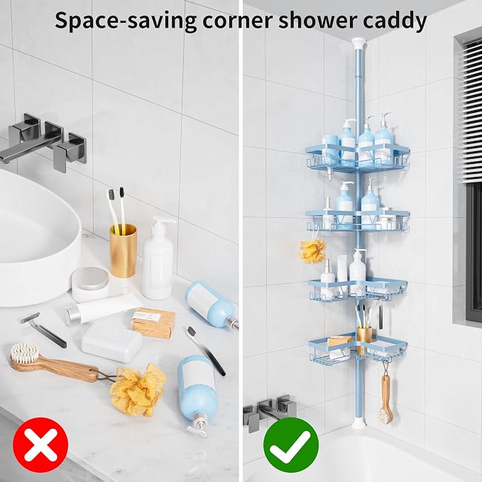 KEGII Shower Caddy Tension Pole, 4-Tier Rustproof Adjustable Corner Bathroom Organizer for Renters, 25–114.2 Inch No Drill Space-Saving Shower Storage Rack, Blue - Image 7