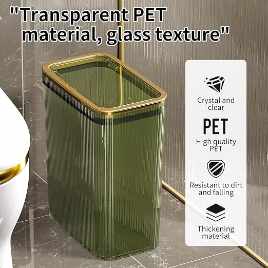 Transparent Trash Can, Bathroom Trash Cans with Lids, 2.6 Gallon Garbage Can for Bedroom, Office, Plastic Slim Waste Basket with Press Top Lid, 10L Clear Trash Bin for Home, Kitchen (Green) - Image 2