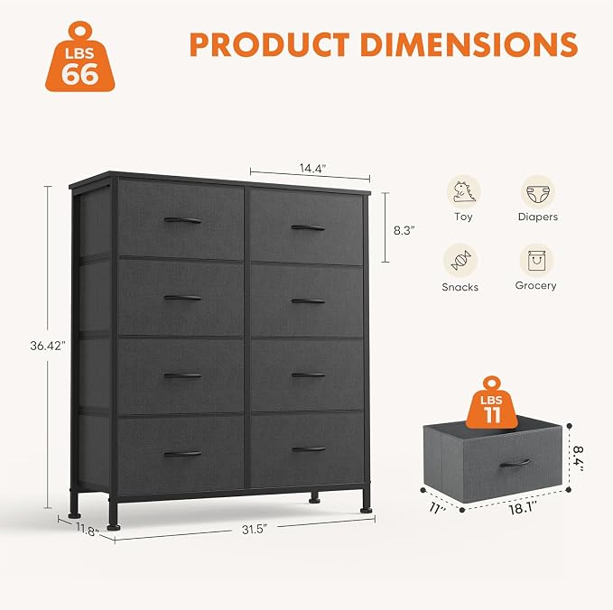 Sweetcrispy 8 Drawer Dresser with Fabric Bins Fabric Storage Tower Organizer for Bedroom Closet Hallway Entryway Tall Chest of Drawers with Steel Frame Wood Top Easy Pull Handles,Grey - Image 3