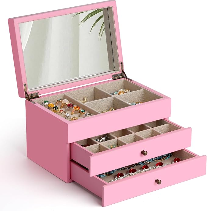 Meangood Jewelry Box Organizer for Women, 3 Layer Large Jewelry Storage Case, Rustic Wooden Jewelry Box with Mirror & Ring Tray for Necklace Earring Bracelets Rings, Vintage Style (Pink) by Meangood