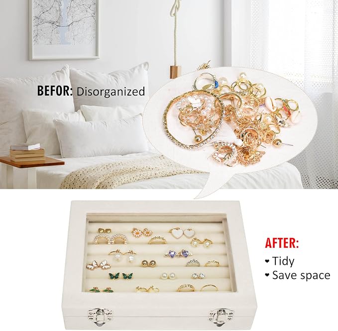 Vicoter Rings Organizer Tray 7 Slots Velvet Jewelry Earring Storage Box with Transparent lid Jewelry Display Case for Girls Wife Mom Women (Beige) - Image 5
