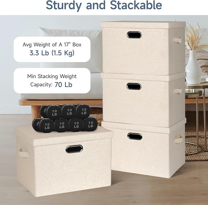 Graciadeco Large 17" 36 Quart Collapsible Stackable Storage Bins with Lids, 3 Packs Light Orange Linen Fabric Closet Boxes with Lids, Storage Cube Baskets Container Organizers for Office (17x12x11) - Image 3