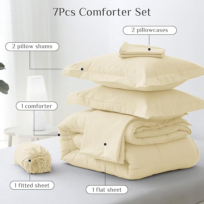 JOLLYVOGUE Queen Comforter Set, Ultra-Soft Bed in a Bag Queen Size 7 Pieces, Oeko-TEX Certified Bedding Set with Down Alternative Comforter, Sheets, Pillowcases & Shams, Light Yellow