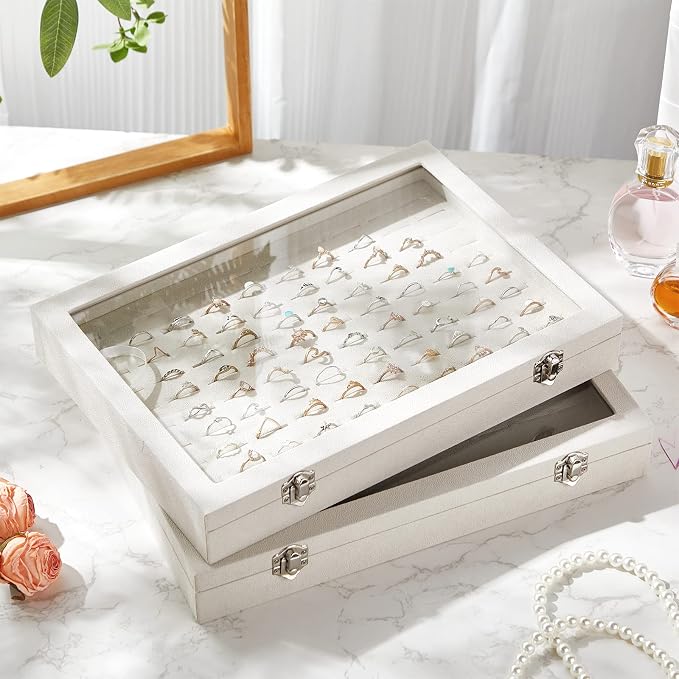 Yinkin 2 Pcs 100 Slots Ring Organizer Box with Transparent Glass Lid Necklace Display Tray Ring Case Velvet Jewelry Holder - Image 5