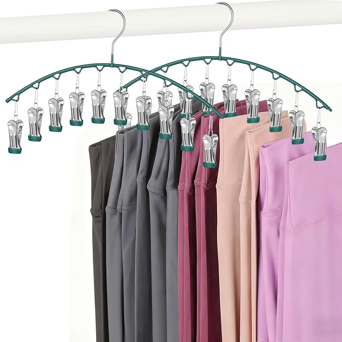 Legging Hangers for Closet Organizer, Hat Hangers for Closet 2 Pack with 10 Clips Holds 20 Leggings, Legging Hanger, Pants Storage Organizer Suitable for Socks, Panties, Underwear, Pants (Green) by Arkeiliy
