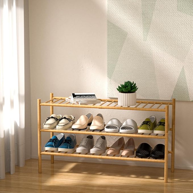 ROMGUAR CRAFT 3-Tier Bamboo Long Shoe Rack, Free Standing Wood Shoe Shelf Storage Organizer for Closet Entryway Stackable 35"x11"x20" (Natural) - Image 2