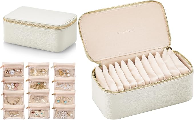 VLANDO Travel Jewelry Box Organizer – Portable PU Leather Jewelry Case with 6/8/12 Zippered Pouches, Compact Storage for Earrings Rings Necklaces Bracelets, Offwhite by VLANDO