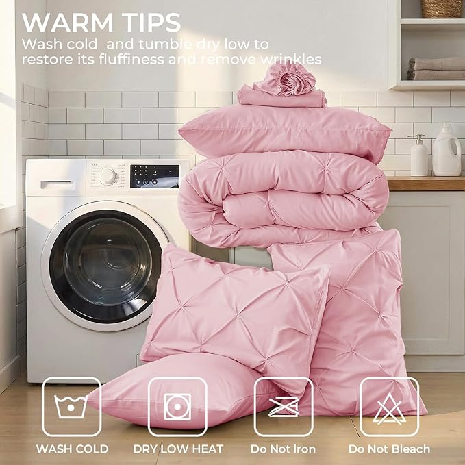 Sasttie King Size Comforter Set, 7-Piece Bed in a Bag, Pintuck Bedding Sets for All Season, Includes Comforter, Flat Sheet, Fitted Sheet, Pillowcases and Pillowshams, Baby Pink
