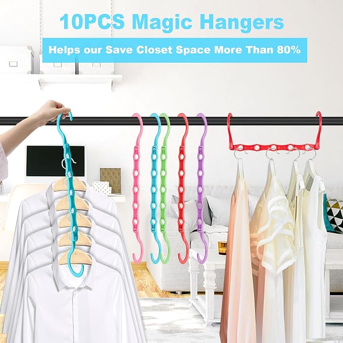 DUCOO Space Saving Hangers 10 Pack, Heavy Duty Magic Cascading Hanger Organizer with 5 Enclosed Anti-Slip Holes, Closet Organizers and Storage for Clothes, College Dorm Room Essentials, Multicolor - Image 3