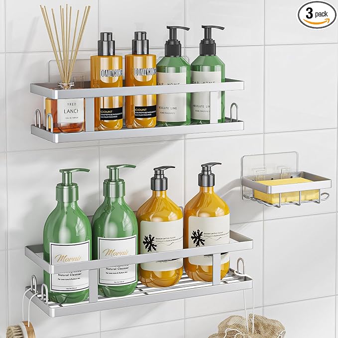 Youvip Adhesive Shower Caddy, 3 Pack Shower Shelves with Soap Holder and 12 Hooks, Rustproof No Drilling Bathroom Organizer and Storage, Silver by YOUVIP