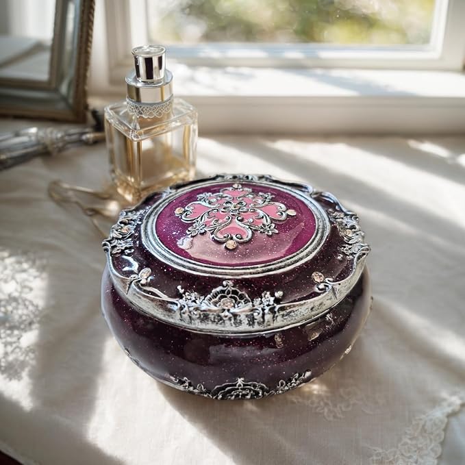 Handcrafted Round Jewelry Box - Vintage Rose Treasure Box with Carved Floral Lid, Elegant Organizer for Rings, Earrings, Necklaces and Bracelets, Romantic Gift for Wedding and Anniversary - Image 9