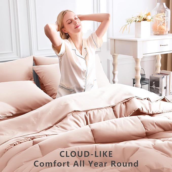 CozyLux Oversized Queen Comforter Sets Blush Pink, 7 Pieces Bed in a Bag, Ultra-Soft All Season Bedding Sets with Stitch Quilted Comforter, Flat Sheet, Fitted Sheet, Pillowcases