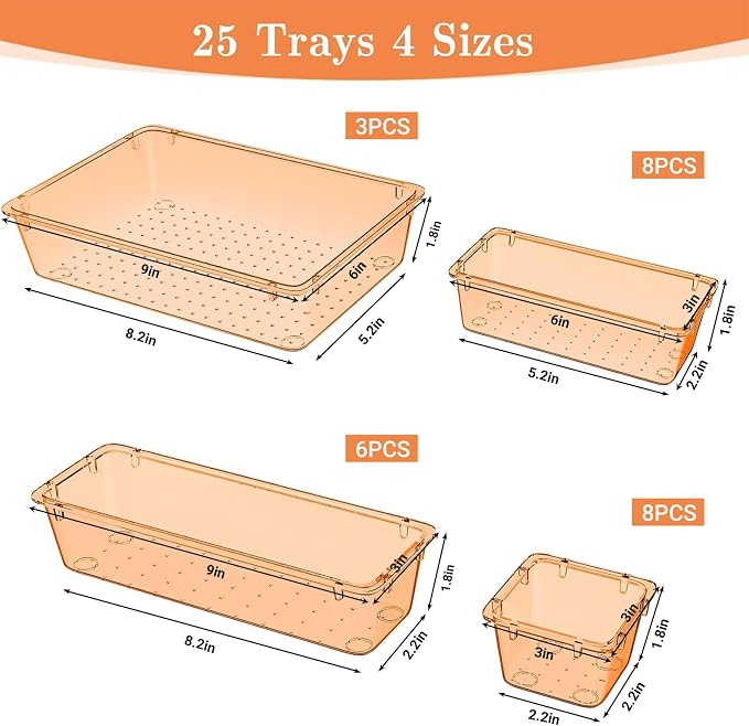 SpaceHacks 25 PCS Plastic Drawer Organizer Set, 4-Size Versatile Organizer Trays & Storage Bins for Makeup, Jewelry, and Gadgets in Bathroom, Bedroom and Office,Orange - Image 2