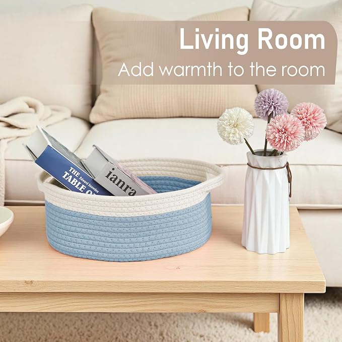 JMvicyroam Woven Basket,Small Rope Storage Bin with Handles & Ribbon Bag, Organizer for Shelves Closets,Gift Basket Empty for Birthday,Books,Dog Toys, White&Blue - Image 7