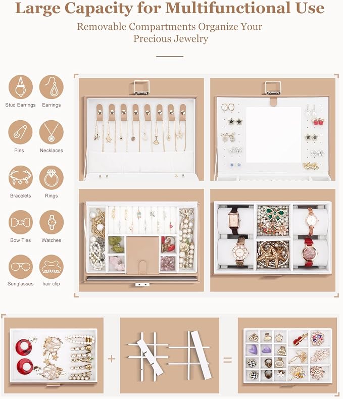 DesignSter Jewelry Box for Women Girl, 3-layer Lockable Jewelry Organizer with Mirror, Large Leather Jewelry Case for Earring Necklace Ring Bracelet Watch - Image 3