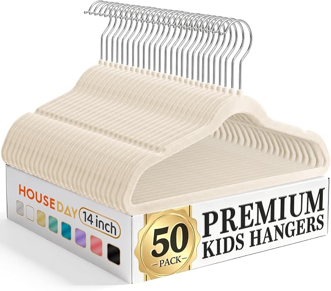 HOUSE DAY 14 Inch Kids Velvet Hangers 50 Pack, Durable Big Kid Hangers for Youth, Non Slip Kids Felt Hanger, Cute Childrens Hanger for Closet, Beige by HOUSEDAY