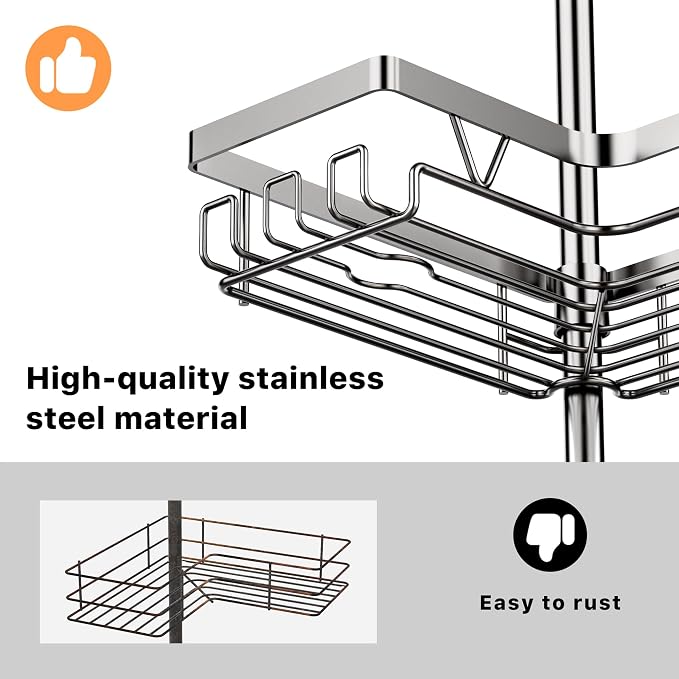 KEGII Corner Shower Caddy Tension Pole with Soap Dish & Razor Holder, Adjustable Bathroom Organizer with Hooks, 25-114.2 Inch Rustproof Storage Shelf for Renters & Apartments, Gunmetal Gray - Image 6