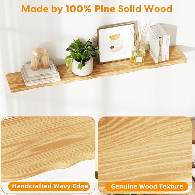 Floating Shelves for Wall Rustic Farmhouse 55 Inch Floating Shelf Bathroom Wooden Shelves for Wall Mounted Live Edge Pine Shelf with Unique Natural Grain for Living Room Bedroom Kitchen (Natural) - Image 4