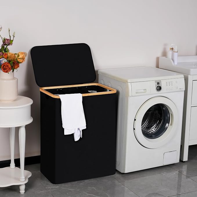 efluky Laundry Hamper with Lid, Trio Laundry Hamper with 3 Removable Bags, 3 Section Laundry Basket with Bamboo Handles for Bathroom, Bedroom & Laundry Room, 160L Black - Image 6